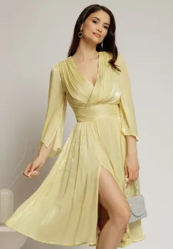 Rochie DY Fashion galbena de ocazie din voal peliculizat cu maneci crapate imagine