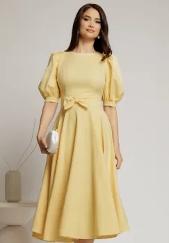 Rochie DY Fashion galbena din stofa in clos cu funda in talie imagine