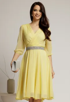 Rochie Dy Fashion galbena din voal cu fir stralucitor si cordon imagine