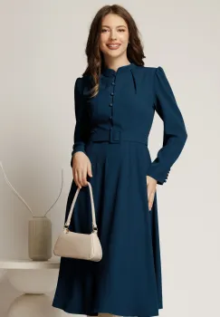 Rochie DY Fashion indiggo din triplu voal cu nasturi pe bust si curea in talie imagine