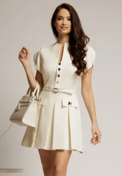 Rochie DY Fashion ivoar scurta cu pliuri pe fusta si nasturi pe bust imagine