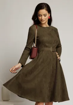 Rochie DY Fashion kaki clos din piele intoarsa si curea in talie imagine