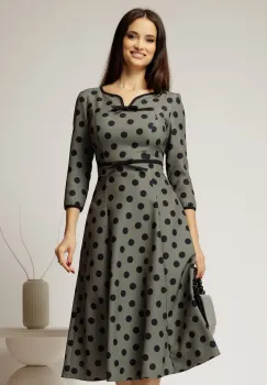 Rochie DY Fashion kaki cu buline cu decupaj si funda la decolteu imagine