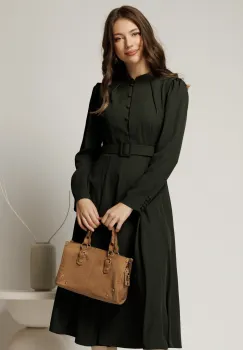 Rochie DY Fashion kaki din triplu voal cu nasturi pe bust si curea in talie imagine