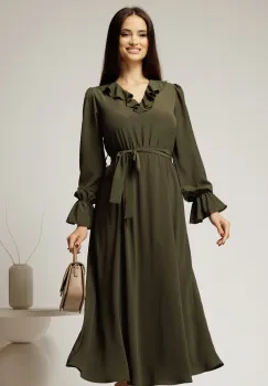 Rochie DY Fashion kaki din voal plin cu decolteu in V si volanase imagine