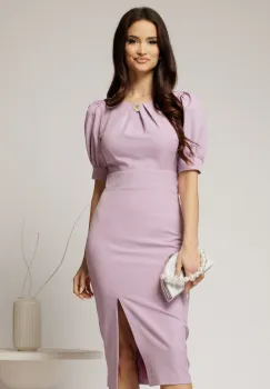 Rochie DY Fashion lila conica cu maneci bufante scurte si detaliu la decolteu imagine