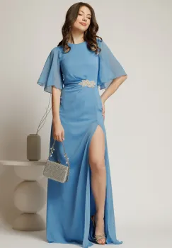 Rochie DY Fashion lunga bleu de seara din voal cu aplicatie pe talie imagine