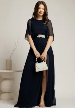 Rochie DY Fashion lunga bleumarin de seara din voal cu aplicatie pe talie imagine