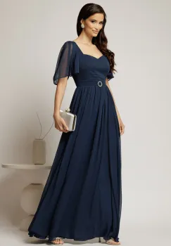 Rochie DY Fashion lunga bleumarin de seara din voal cu decolteu inima imagine