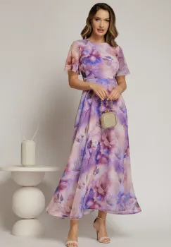 Rochie DY Fashion lunga cu imprimeu lila din voal creponat cu rijelina imagine