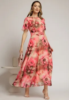 Rochie DY Fashion lunga cu imprimeu rosu zmeura din voal creponat cu rijelina imagine