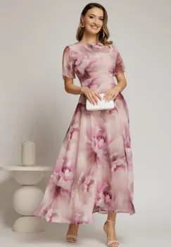 Rochie DY Fashion lunga cu imprimeu roz din voal creponat cu rijelina imagine