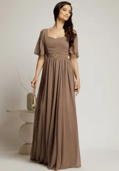 Rochie DY Fashion lunga maro de seara din voal cu decolteu inima imagine