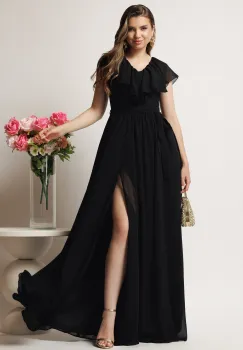 Rochie DY Fashion lunga neagra in clos din voal cu volanas la bust si crapatura pe picior imagine