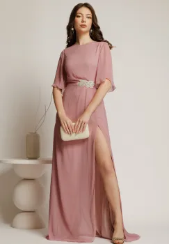 Rochie DY Fashion lunga roz de seara din voal cu aplicatie pe talie imagine