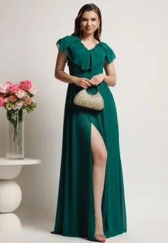 Rochie DY Fashion lunga verde in clos din voal cu volanas la bust si crapatura pe picior imagine