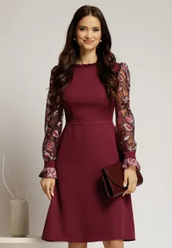 Rochie DY Fashion magenta cu maneci lungi din broderie imagine