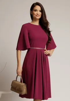 Rochie DY Fashion magenta din crep cu pliuri pe fusta si banda in talie imagine