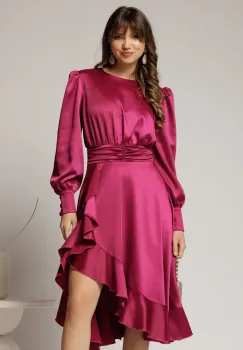 Rochie DY Fashion magenta din satin plin cu croi asimetric imagine