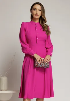 Rochie DY Fashion magenta din triplu voal cu guler tunica si nasturi tip floare imagine