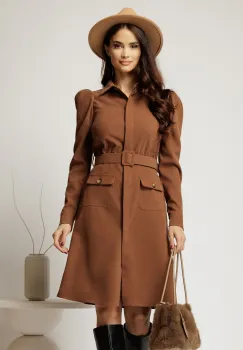 Rochie DY Fashion maro din catifea reiata tip camasa si curea in talie imagine