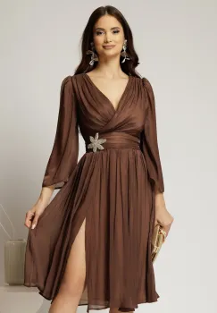 Rochie DY Fashion maro din voal cu pelicula decolteu petrecut si detaliu pe talie imagine