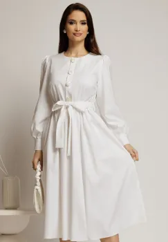 Rochie DY Fashion midi alba din bumbac cu nasturi pe bust si cordon in talie imagine