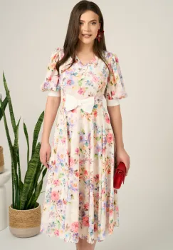 Rochie DY Fashion midi alba din satin in clos cu print floral roz si funda in talie imagine