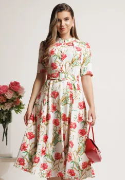 Rochie DY Fashion midi alba in clos din triplu voal cu flori rosii si curea in talie imagine