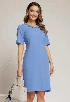 Rochie DY Fashion midi albastra cu impletitura la decolteu si adaos de viscoza imagine