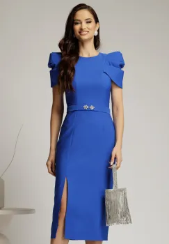 Rochie DY Fashion midi albastra de ocazie cu umeri bufanti si cordon detasabil imagine