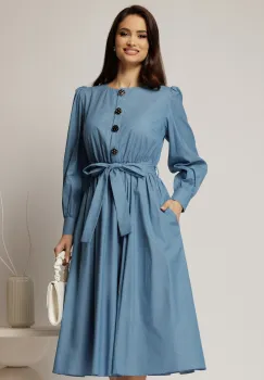 Rochie DY Fashion midi albastra din bumbac cu nasturi pe bust si cordon in talie imagine