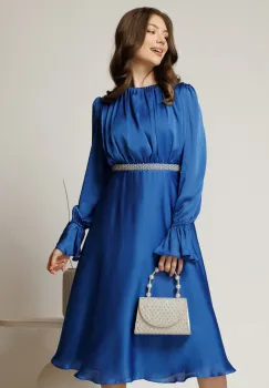 Rochie DY Fashion midi albastra din voal satinat in clos cu perle in talie imagine