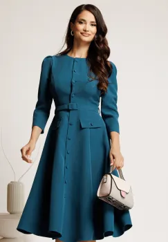 Rochie DY Fashion midi albastru petrol din stofa clos cu nasturi si curea imagine
