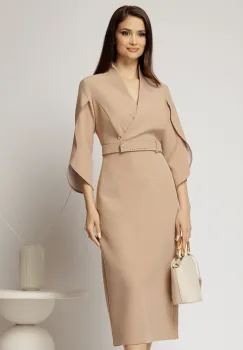 Rochie DY Fashion midi bej conica cu decolteu petrecut si maneci lalea imagine