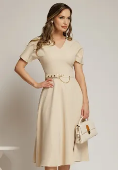 Rochie DY Fashion midi bej cu decolteu in V si curea in talie imagine