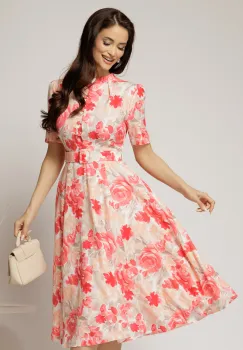 Rochie DY Fashion midi bej cu imprimeu corai in clos din triplu voal cu nasturi la bust si curea in talie imagine