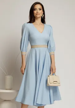 Rochie DY Fashion midi bleu cu banda decorativa pe talie si mansete imagine