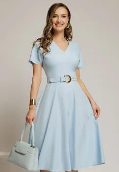 Rochie DY Fashion midi bleu cu decolteu in V si curea in talie imagine