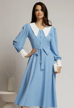 Rochie DY Fashion midi bleu cu guler si mansete in contrast imagine