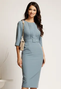 Rochie DY Fashion midi bleu din stofa conica cu pliuri pe bust si curea in talie imagine