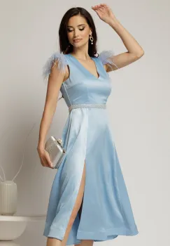 Rochie DY Fashion midi bleu din tafta cu pene la umeri imagine