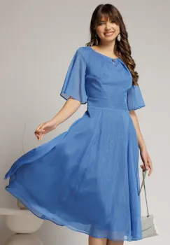 Rochie DY Fashion midi bleu din voal in clos cu fir lurex si accesoriu la decolteu imagine