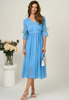 Rochie DY Fashion midi bleu din voal in clos cu pene la maneci si accesoriu in talie imagine