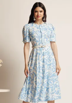 Rochie DY Fashion midi bleu in clos cu imprimeuri albe si curea in talie imagine