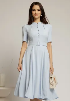 Rochie DY Fashion midi bleu in clos din triplu voal cu nasturi la bust si curea in talie imagine