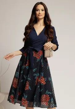 Rochie DY Fashion midi bleumarin cu decolteu petrecut si fusta din voal imprimat imagine