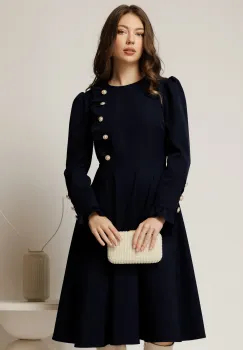 Rochie DY Fashion midi bleumarin cu nasturi si volanase la bust imagine