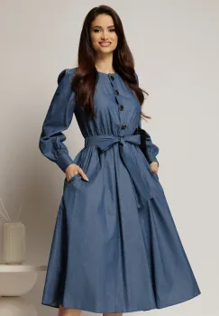 Rochie DY Fashion midi bleumarin din bumbac cu nasturi pe bust si cordon in talie imagine