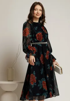 Rochie DY Fashion midi bleumarin din voal cu buline de catifea in clos cu perle in talie imagine